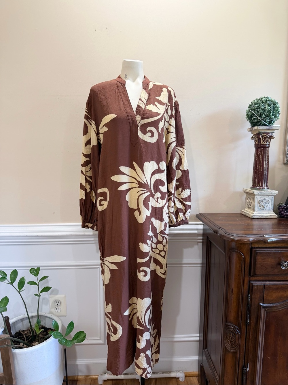 Mango Brown and Cream Floral Maxi Dress